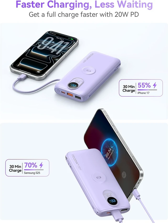Alt view image 7 of 7 - Portable Charger Power Bank 10000mAh PD20W w/Built-in Cables & AC Plug