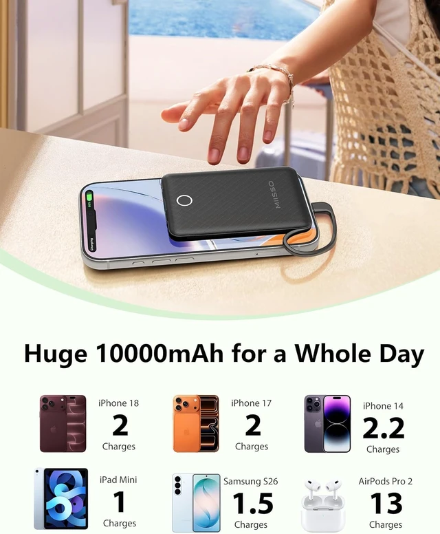 Alt view image 3 of 7 - 10000mAh Mini Portable Charger with Built in Cable Black