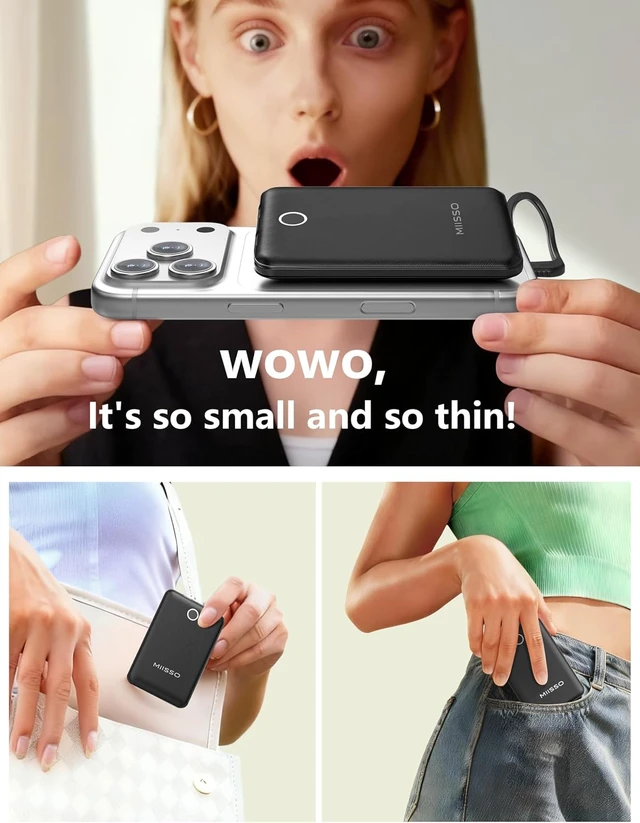 Alt view image 4 of 7 - 10000mAh Mini Portable Charger with Built in Cable Black