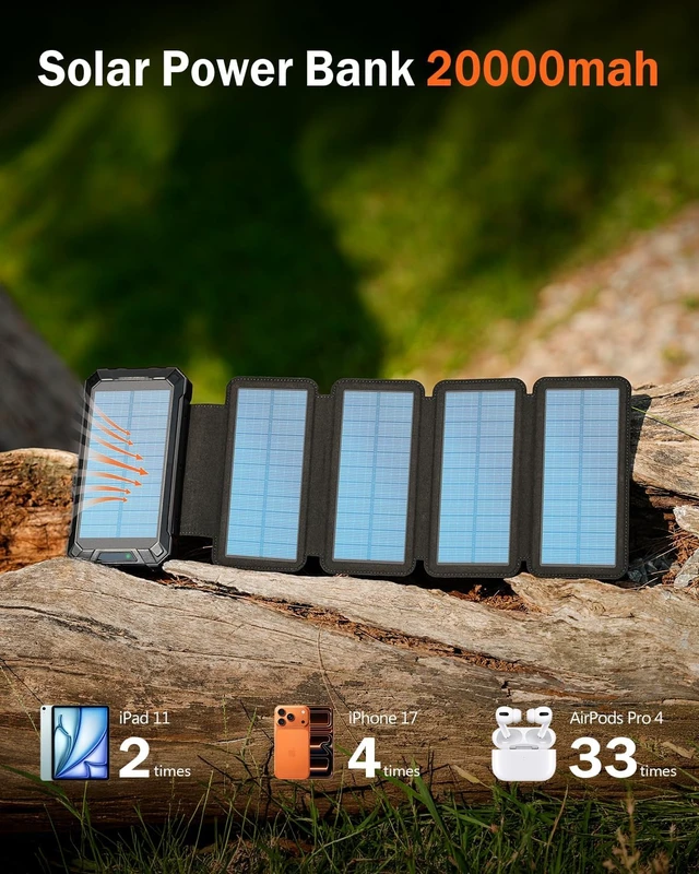 Alt view image 2 of 7 - Solar Power Bank 20000mAh Wireless Charger with Five Solar Panels