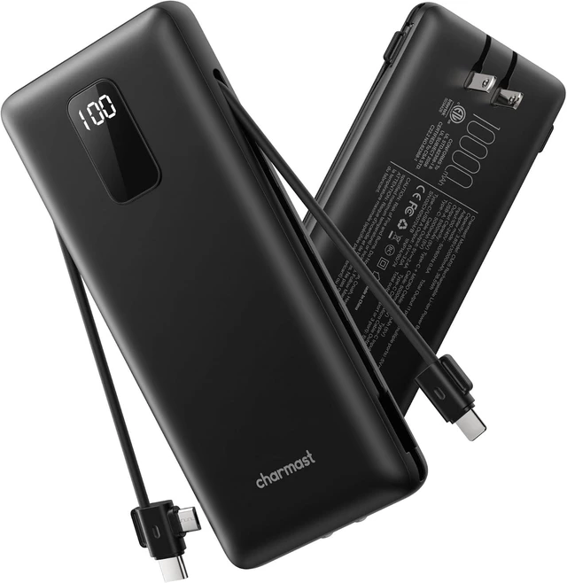 Main image of 10000mAh Portable Charger with Built-in Cables and AC Wall Plug