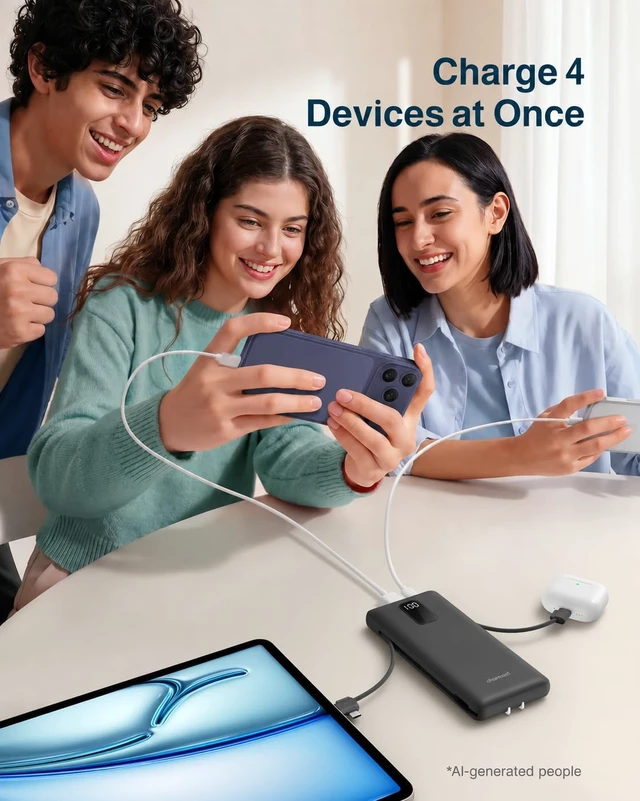 Alt view image 3 of 7 - 10000mAh Portable Charger with Built-in Cables and AC Wall Plug