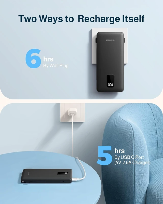 Alt view image 4 of 7 - 10000mAh Portable Charger with Built-in Cables and AC Wall Plug