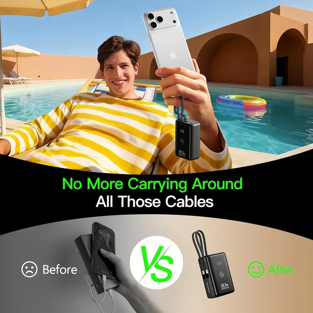 Alt view image 4 of 7 - Nanotechnology Portable Charger 10000mAh with 2 Built-in Cables 45% Smaller