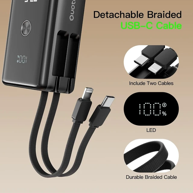 Alt view image 7 of 7 - Nanotechnology Portable Charger 10000mAh with 2 Built-in Cables 45% Smaller