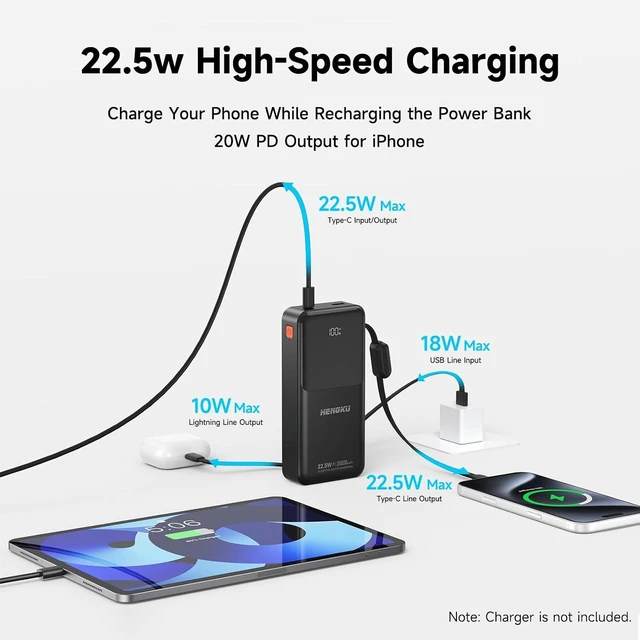 Alt view image 2 of 7 - Power Bank 20000mah Portable Built-in Cable 22.5w Fast Charge