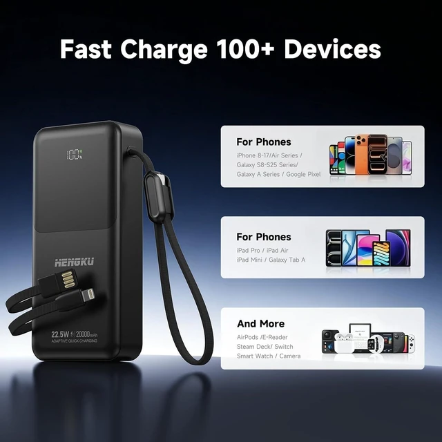 Alt view image 3 of 7 - Power Bank 20000mah Portable Built-in Cable 22.5w Fast Charge