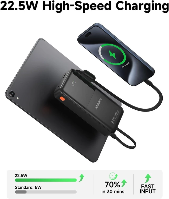 Alt view image 5 of 7 - Power Bank 20000mah Portable Built-in Cable 22.5w Fast Charge