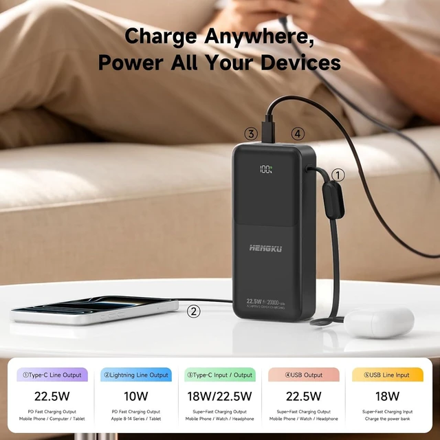 Alt view image 6 of 7 - Power Bank 20000mah Portable Built-in Cable 22.5w Fast Charge
