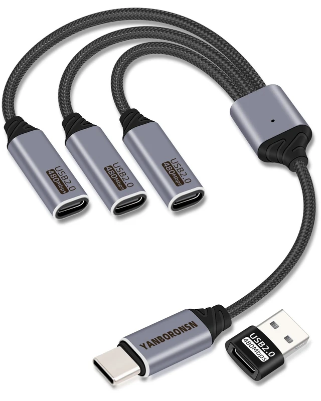 Main image of USB C Splitter Cable 3 Port 1 Male to 3 Female 1 in 3 Out USB C Extender Hub Data & Power Charging USB 2.0 Extension Cable for Car Laptop Keyboard Mouse(25CM)