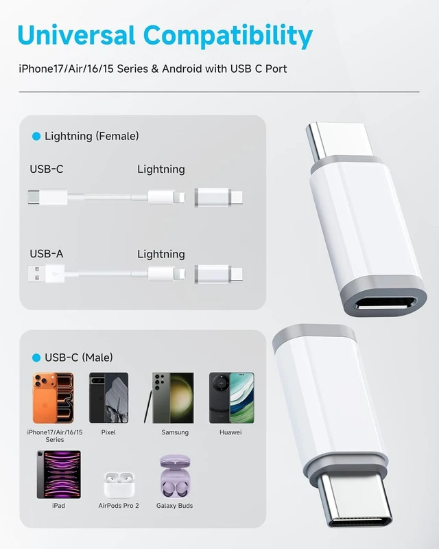 Alt view image 5 of 7 - 4 Pack Lightning to USB C Adapter for iPhone 15/16/17/18 Pro Max/Plus S24/S25 Pixel USB Type C to Lightning Cable Connector for iPhone Duo/18/17/16 Charger- (Not for Headphones/OTG)