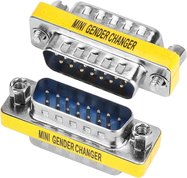 Main image of 2 Pack Gender Changers 15 Pin Male to Male Adapter DB15 Coupler Data Transfer and Device Connection for Legacy Gameport Cables MIDI Connections and Industrial Control Systems
