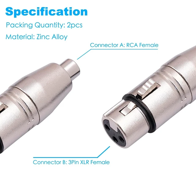 Alt view image 4 of 6 - 2Pack XLR Female to RCA Female Adapter Converter Gender Changer Audio Coupler Connectors for Mixer Recorder Amplifier