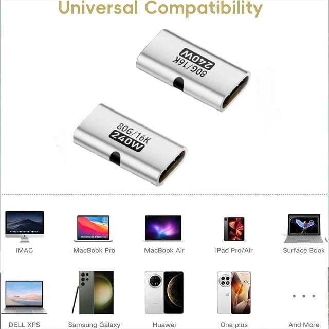 Alt view image 6 of 7 - 80Gbps USB-C Coupler 240W USB Type C Female to Female Adapter Extender Support 240W PD Fast Charging 80Gbps Data Transfer 8K@60Hz Video Ouput. (3 Pack)