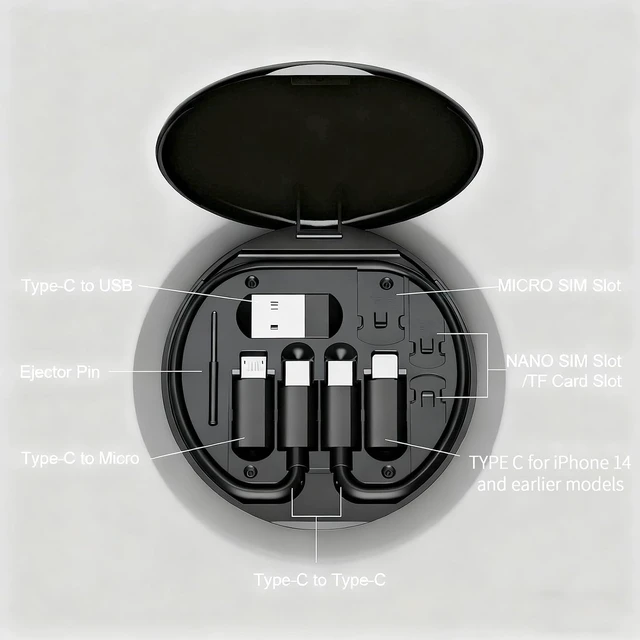 Alt view image 2 of 5 - Multi USB Charging Adapter Cable Kit USB C to iOS Device Adapter Box Conversion Set A & Type C to Male Micro/Type C/iOS Device Data Transfer Card Storage Tray Eject Pin Black
