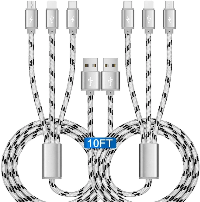 Main image of 10Ft Multi Charging Cable 3A 2Pack Braided Fast Charging 3-in-1 Multiple Charger Cable with IP/Micro USB/Type C Adapter Port for Cell Phones/iPhone 17 16 15 14 13/ /Pixel/Tablet and More