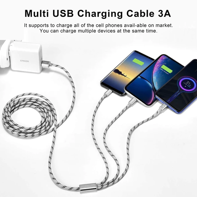 Alt view image 7 of 7 - 10Ft Multi Charging Cable 3A 2Pack Braided Fast Charging 3-in-1 Multiple Charger Cable with IP/Micro USB/Type C Adapter Port for Cell Phones/iPhone 17 16 15 14 13/ /Pixel/Tablet and More