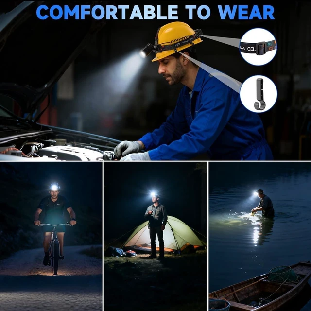 Alt view image 6 of 6 - 2Pack Rechargeable LED Headlamp High Lumen Super Bright Head Lamp