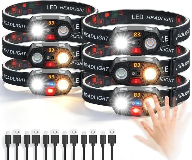 Main image of Headlamp Rechargeable 6Pack 4000Lumen Ultra-Light Bright LED Rechargeable Headlight with White Yellow Red Light 5 Modes Waterproof Motion Sensor Head Lamp for Outdoor Camping Running Hiking Fishing