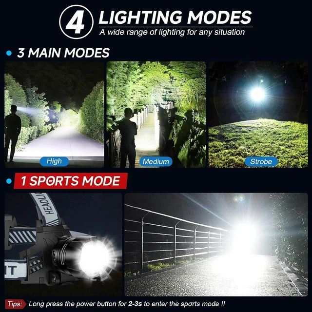 Alt view image 4 of 7 - 2Pack Headlamp Rechargeable 99000 LM Super Bright LED Head Lamp with 3 Modes 90° Adjustable Head Lights for Forehead 20+Hrs Runtime & IPX6 Waterproof HeadLamps for Camping Running