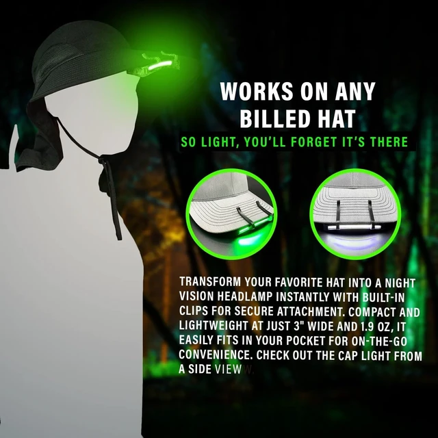 Alt view image 3 of 6 - Night Vision Cap Light Clip On Cap Light Powered by AAA Dual LED Modes Cap Flashlight and Hat Light for Billed Hats Camping Hunting Fishing Hiking Walking Repairs & Outdoor