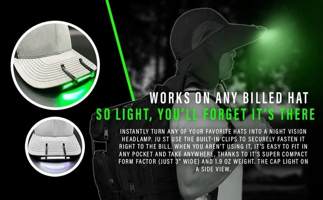 Alt view image 6 of 6 - Night Vision Cap Light Clip On Cap Light Powered by AAA Dual LED Modes Cap Flashlight and Hat Light for Billed Hats Camping Hunting Fishing Hiking Walking Repairs & Outdoor