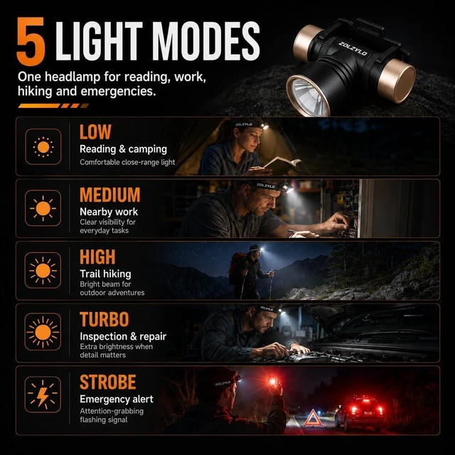 Alt view image 3 of 7 - Rechargeable LED Headlamp USB-C 3.44 oz with Battery & Headband