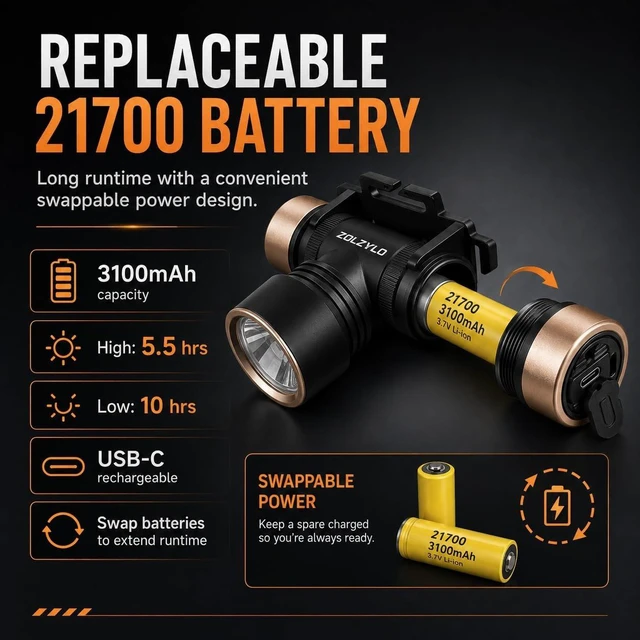 Alt view image 5 of 7 - Rechargeable LED Headlamp USB-C 3.44 oz with Battery & Headband
