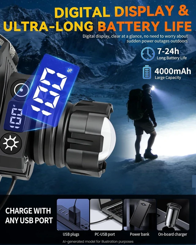 Alt view image 4 of 7 - Headlamp LED Rechargeable Headlight Head Lamp with Digital Display