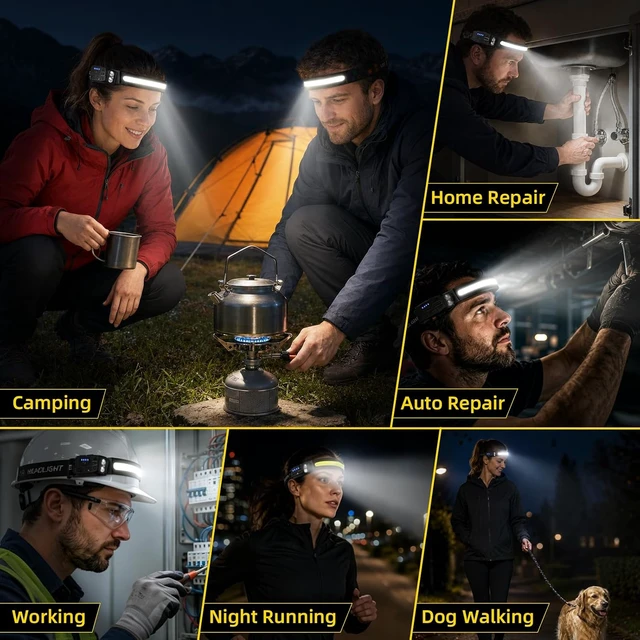 Alt view image 7 of 7 - Headlamp Rechargeable 4PCS Bright LED Headlamp Head Light 230° Wide Beam