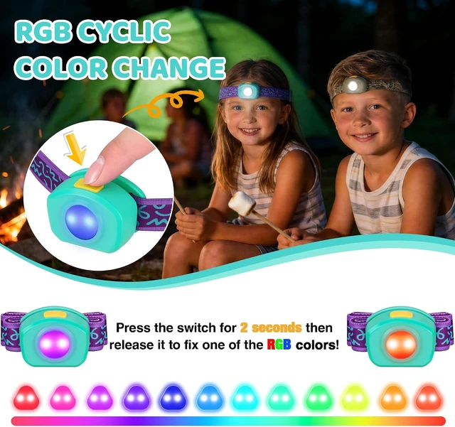 Alt view image 3 of 7 - Rechargeable Kids Headlamp RGB LED Light with Adjustable Band