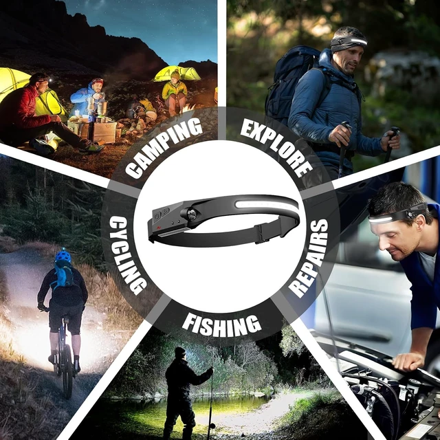 Alt view image 7 of 7 - Headlamp Rechargeable LED Headlight Flashlight Super Bright with 230° Wide Beam Motion Sensor 5 Modes Waterproof Head Lamp for Outdoor Hiking Running Camping (Black 8 Pack)