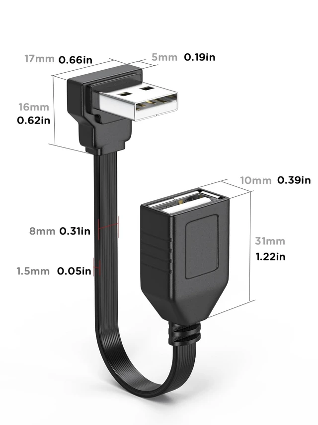 Alt view image 6 of 7 - 2PCS 90 Degree USB2.0 Extension Cable Flat Right Angle USB Male to Female Adapter Soft 4Inch-10CM USB Cable UP Angle + Down Angle on Each for Car Carplay