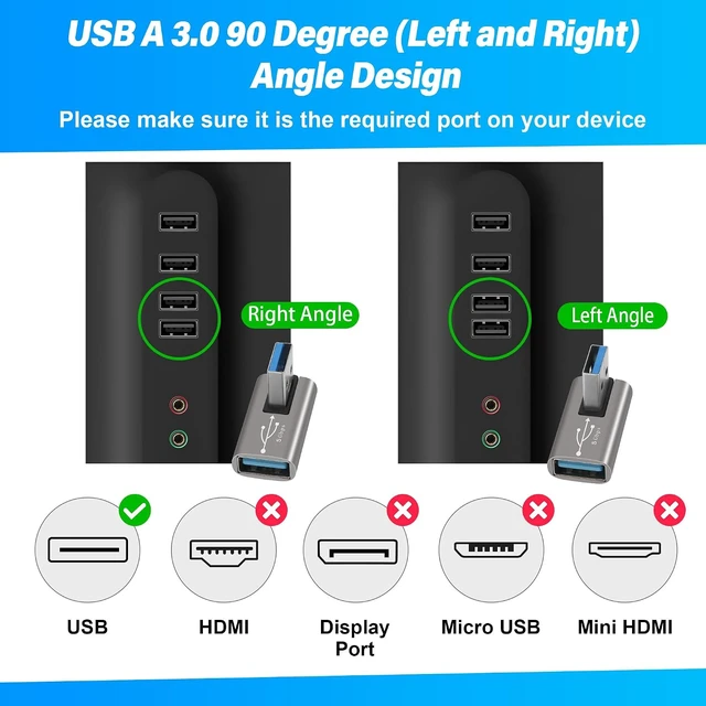 Alt view image 2 of 5 - 90 Degree USB 3.0 Adapter 2 Pack Middle (Left and Right) Angle USB-A Male to Female Connector USB L Shape Extender Support Charge & Data Sync for PC Laptop Mouse Keyboard USB A Car Charger