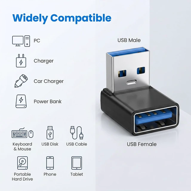 Alt view image 6 of 7 - 2pcs 90 Degree USB 3.0 Adapter USB A Male to Female Converter Extender