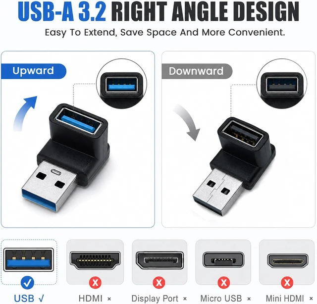 Alt view image 3 of 7 - USB-A 3.2 Right Angle Adapter 4 Pack Male to Female Upward and Downward