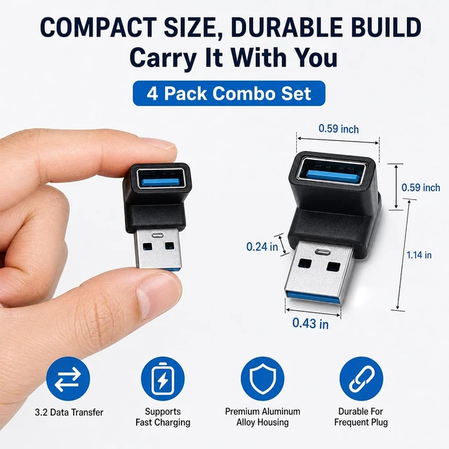 Alt view image 2 of 7 - USB-A 3.2 Right Angle Adapter 4 Pack Male to Female Upward and Downward