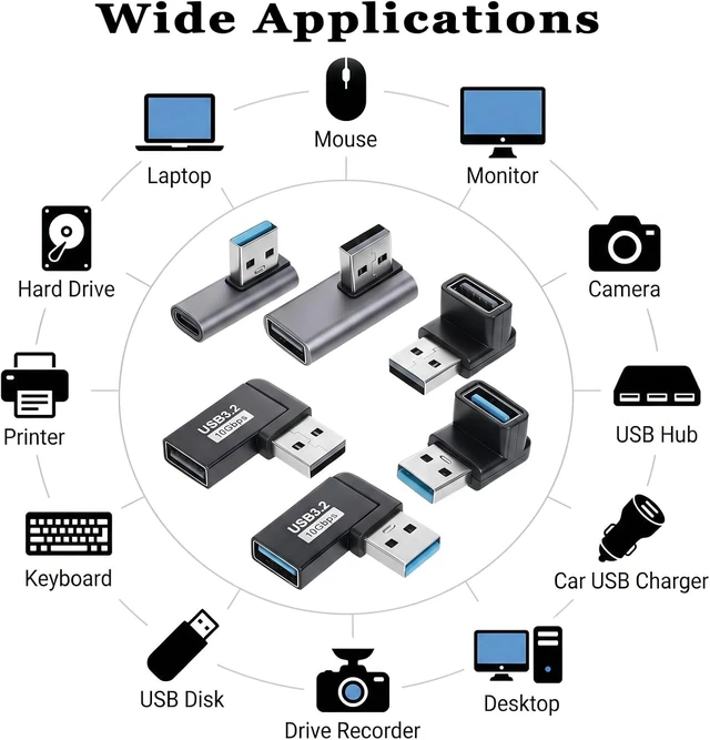 Alt view image 7 of 7 - 6 Pcs 90 Degree USB 3.0 Adapter Up Down Left Right USB-3.2 Male to Female Cable Extension Connector for Camera Mouse Keyboard Laptop Power Bank