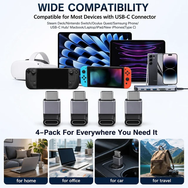Alt view image 7 of 7 - 90 Degree USB C Adapter 4 Pack Male to Female Right Angle Connector