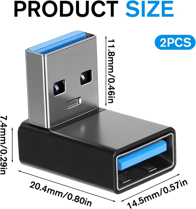 Alt view image 2 of 7 - 2 Pack USB3.1 Type A Male to USB-A Female Adapter Angle USB A Male to Female Converters Up and Down Angle 90 Degree Fast Charging Converter OTG for PC Laptop Power Bank and More