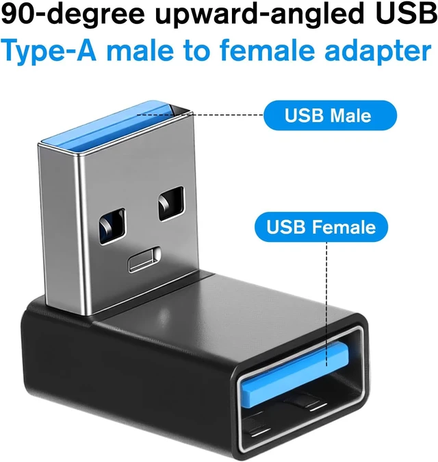 Alt view image 3 of 7 - 2 Pack USB3.1 Type A Male to USB-A Female Adapter Angle USB A Male to Female Converters Up and Down Angle 90 Degree Fast Charging Converter OTG for PC Laptop Power Bank and More