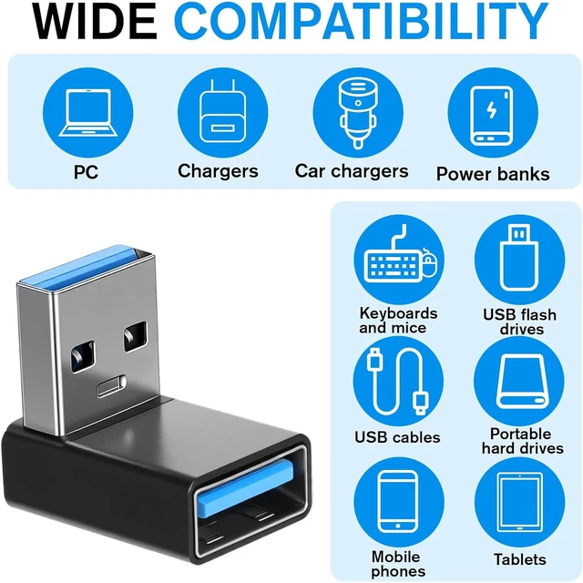 Alt view image 5 of 7 - 2 Pack USB3.1 Type A Male to USB-A Female Adapter Angle USB A Male to Female Converters Up and Down Angle 90 Degree Fast Charging Converter OTG for PC Laptop Power Bank and More