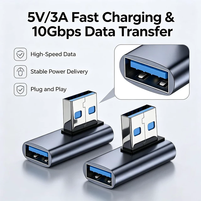 Alt view image 2 of 6 - 10Gbps USB 3.1 Right Angle Adapter USB Type A 90 Degree Angle Male to Female Data Connector Left Bend Converter 5V/3A for PC Tablet Power Bank 2Pcs