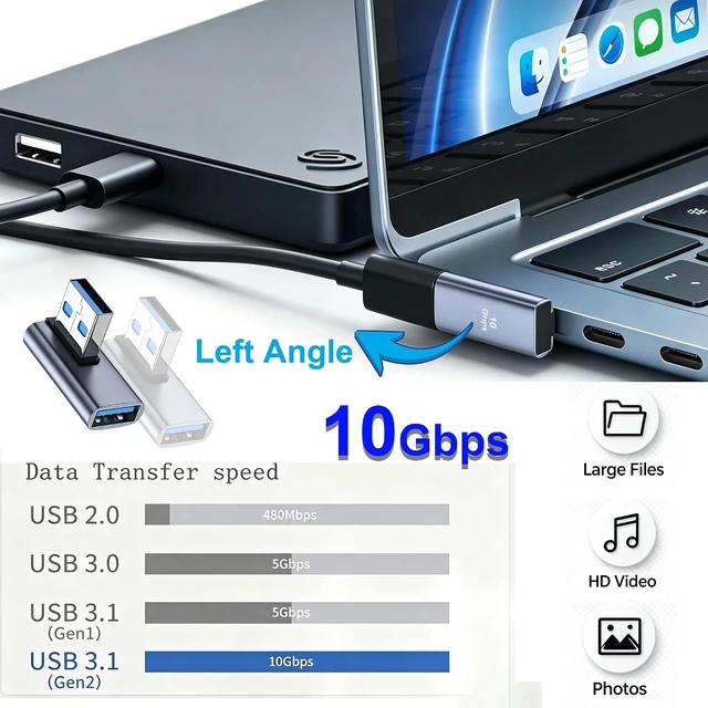 Alt view image 3 of 6 - 10Gbps USB 3.1 Right Angle Adapter USB Type A 90 Degree Angle Male to Female Data Connector Left Bend Converter 5V/3A for PC Tablet Power Bank 2Pcs