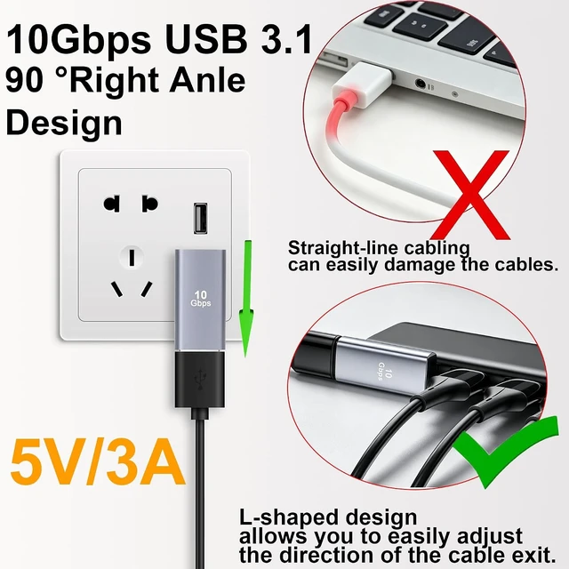 Alt view image 4 of 6 - 10Gbps USB 3.1 Right Angle Adapter USB Type A 90 Degree Angle Male to Female Data Connector Left Bend Converter 5V/3A for PC Tablet Power Bank 2Pcs