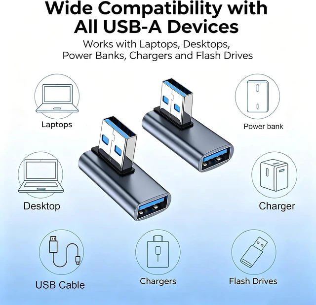 Alt view image 6 of 6 - 10Gbps USB 3.1 Right Angle Adapter USB Type A 90 Degree Angle Male to Female Data Connector Left Bend Converter 5V/3A for PC Tablet Power Bank 2Pcs