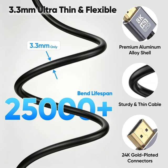 Alt view image 5 of 7 - Ultra Thin 8K HDMI Cable 2FT 2-Pack Slim Flexible Short HDMI Cord 2 Foot