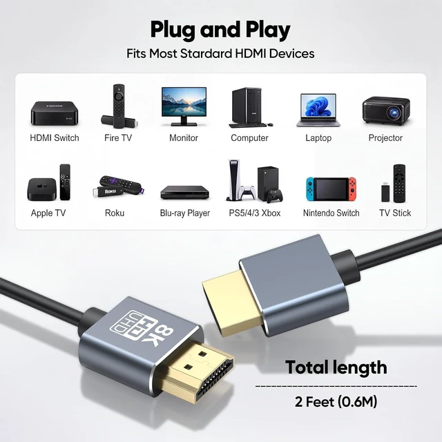 Alt view image 7 of 7 - Ultra Thin 8K HDMI Cable 2FT 2-Pack Slim Flexible Short HDMI Cord 2 Foot