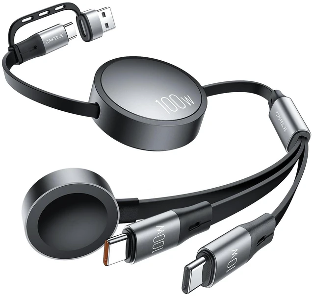 Main image of 100W Retractable USB-C to USB-C 5A Fast Charging 3-in-1 Cable Features Magnetic Charging and Overheating Protection 4.5-Foot USB Type-C for Phone Notebook Pad WatchGray
