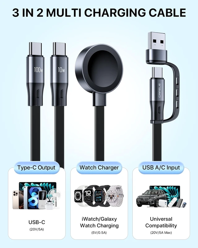 Alt view image 3 of 7 - 100W Retractable USB-C to USB-C 5A Fast Charging 3-in-1 Cable Features Magnetic Charging and Overheating Protection 4.5-Foot USB Type-C for Phone Notebook Pad WatchGray